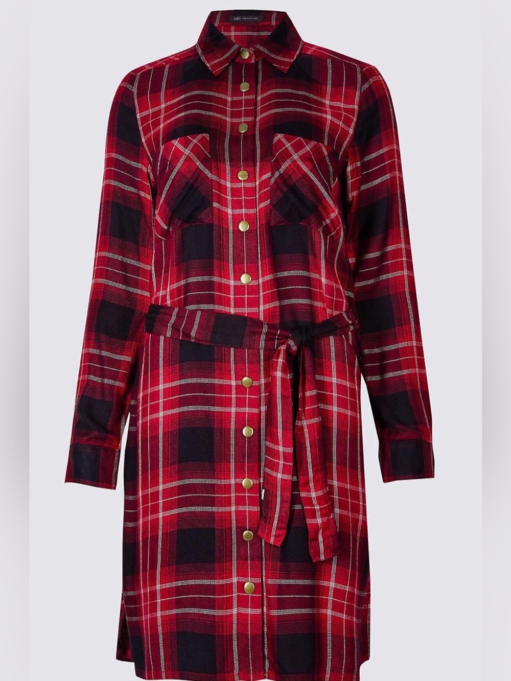 Soft Red Plaid Button-Front Shirt Dress with Belt